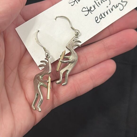 Native American 925 Sterling Silver Kokopelli Earrings with Gold Tone - Picture 7 of 7